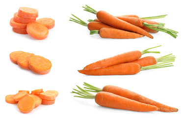 Set of fresh ripe carrots on white background