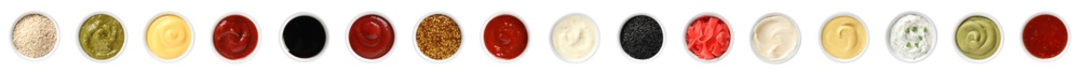 Set of different delicious sauces on white background, top view. Banner design