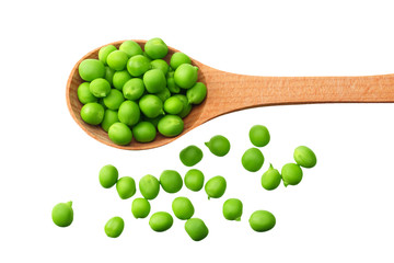 fresh green peas in a wooden spoon isolated on a white background. top view