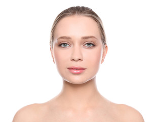 Fototapeta premium Portrait of young woman with beautiful face on white background