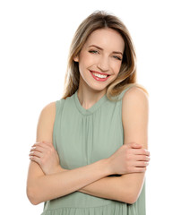 Portrait of young woman with beautiful face on white background