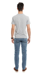 Young man in t-shirt on white background. Mock up for design