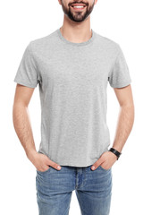 Young man in t-shirt on white background, closeup. Mock up for design