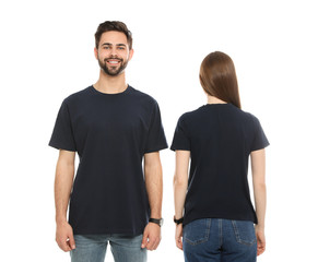 Young people in t-shirts on white background. Mock up for design