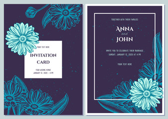 Fototapeta na wymiar Wedding invitation card with blue calendula