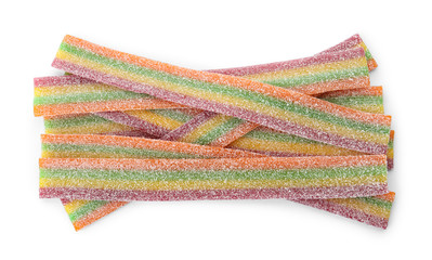 Pile of delicious jelly candies on white background, top view