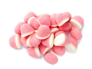 Sweet color jelly candies isolated on white, top view