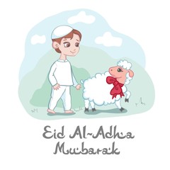 Card or poster design for Eid Al-Adha Mubarak festival to celebrate the willingness of Ibrahim to sacrifice his son in cool blue colors with a young boy and sacrificial lamb in a field