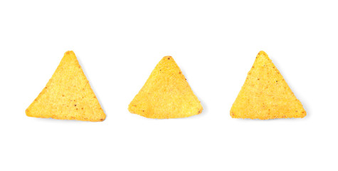 Tasty Mexican nachos chips on white background, top view