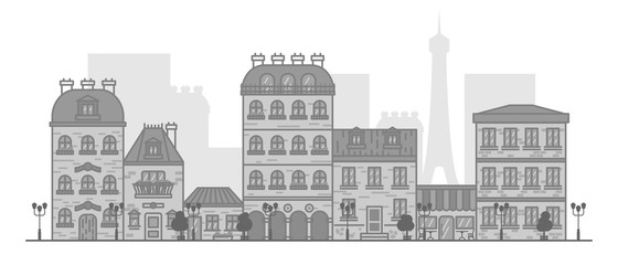 Flat linear panorama of the city landscape with buildings and houses. tourism, travel to Paris Vector illustration