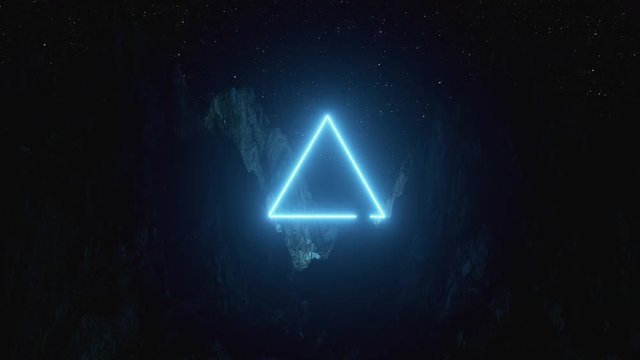 Beautiful minimalistic fantastic landscape. Bright blue neon triangle among the mountains against the background of a rotating night starry sky. Seamless loop 3d render