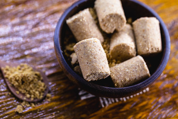 Paçoca, ground peanut jam typical of Brazil. Brazilian food made in the Noderste of the country and in the state of Minas Gerais. Brazilian customs and ingredients.