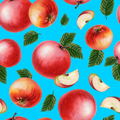 Red apples with leaves on a light blue background.Summer,autumn illustration