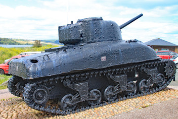 The Sherman tank at Slapton sands in Devon. It was sunk in action during Exercise Tiger which was a...