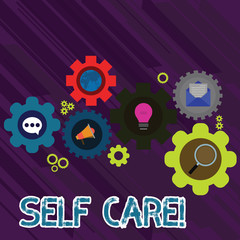 Text sign showing Self Care. Business photo text practice of taking action to preserve or improve ones own health Set of Global Online Social Networking Icons Inside Colorful Cog Wheel Gear