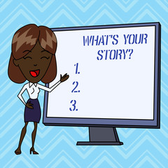 Handwriting text writing What S Your Story Question. Conceptual photo asking demonstrating about his past life actions events