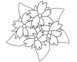Inflorescence of four flowers and leaves. Bouquet - top view - vector linear picture for coloring. The bride's bouquet.