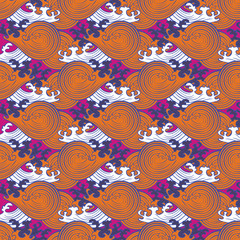 Seamless abstract retro geometric pattern. Illustration of pink, purple, coral, orange and white circular elements and swirly waves. Ideal for fashion, gift, paper, scrapbooking and fabric.