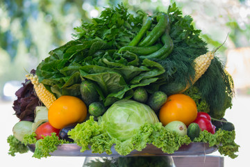 Variety of fresh vegetables on the market counter. Food
