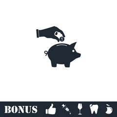 Hand pick down coin into pig money box icon flat