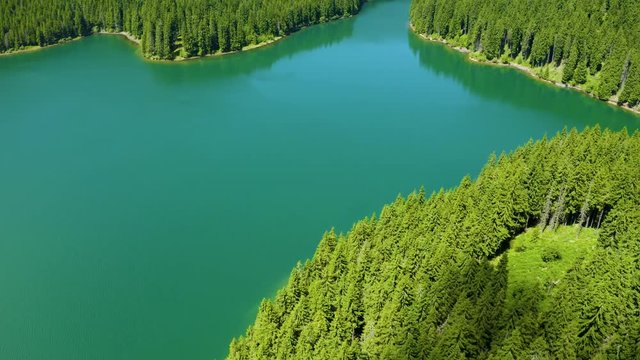 Aerial view of a forest lake. Top view of blue lake and green forests on a sunny summer day. Drone photography. Forest and lake border. Coastline view from the drone. Lake reflection. Mountain forest 