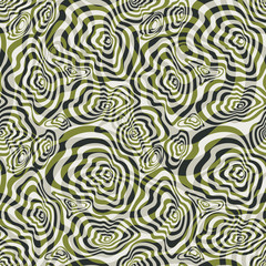 Vector illustration of white, black, olive, cream, blended, curved shapes and stripes. Seamless repeat pattern for gift wrap, textile, fabric, scrapbooking and fashion.