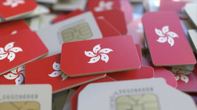 SIM cards with flag of Hong Kong. Cellular network related conceptual 3D animation