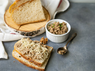 Pate of fish with mackerel, nuts, sour cream with homemade bread on gray background. Healthy breakfast, lunch, snack. Close up, selective focus.