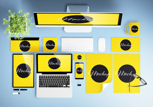 Top View Desktop Scene Creator Mockup with Digital Devices and Corporate Identity Elements