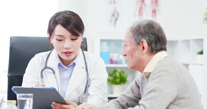 Female doctor see elder patient