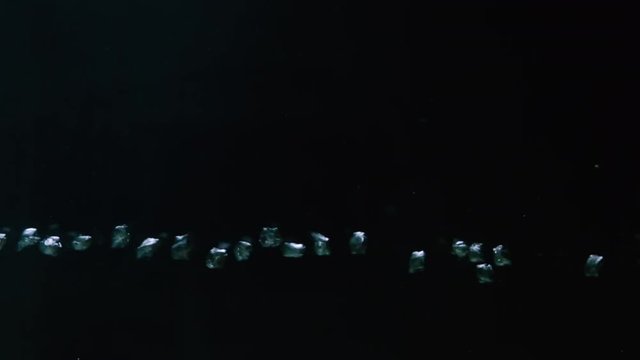 Stream of air bubbles flowing up. Oxygen underwater. Black background.