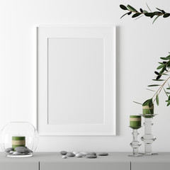 Poster frame mockup with decor on table and plant on empty white wall background, 3D rendering