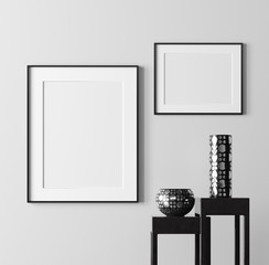 Poster frame mockup with modern decor on empty white wall background, 3D rendering