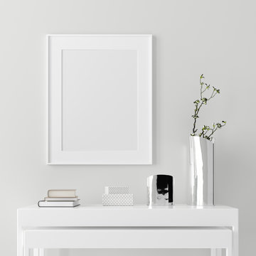 Poster frame mockup with modern decor on empty white wall background, 3D rendering