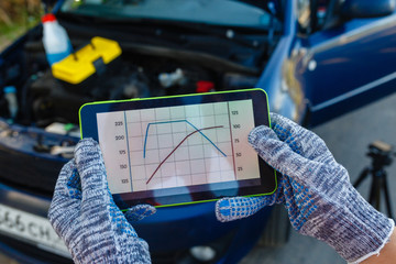 Close-up of mechanic's hand in gloves with digital tablet, car in background. Tablet for diagnosis...