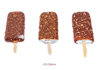 Chocolate ice cream with nuts isolated on a white background.