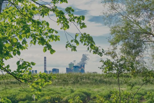 chimneys and cooling towers of a coal-fired power plant seen through green branches of trees, protection of air against pollution, restrictions on carbon dioxide emissions