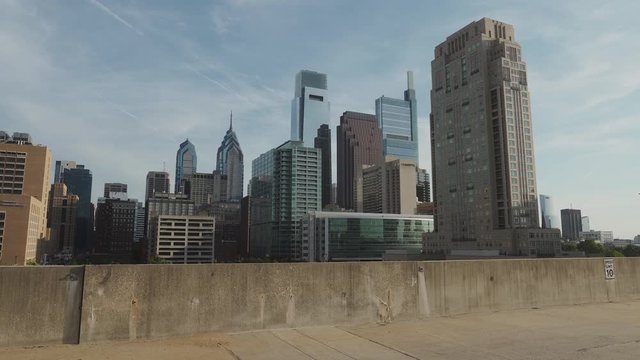 Philadelphia skyline north during sunset from rooftop