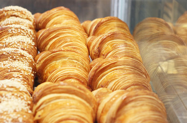 Fresh bread in a bakery at cafe.