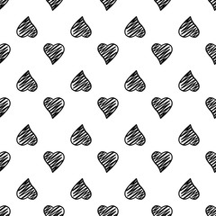 Black hand drawn geometric hearts seamless pattern on white background.