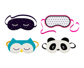Eye mask vector sleeping night accessory relax resst in traveling illustration set of face sleepy protection cartoon asleep panda cat isolated on white background