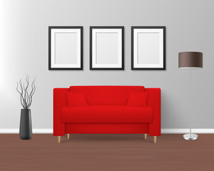 Vector 3d Realistic Render Red Sofa, Couch with Pillows in Simple Style in Modern Room - Apartment, Salon, Art Gallery, Living Room, Reception, Lounge or Office Interior. White Posters On the Wall