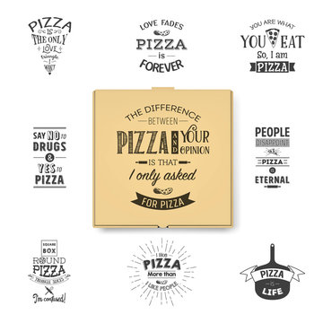 Vector 3d Realistic Blank Brown Craft Paper Pizza Box Template with Typographic Quotes Closeup Isolated on White Background. Mockup for Logo, Corporate Design. Top View