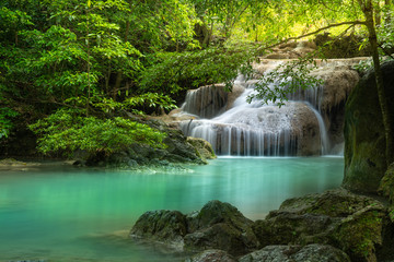 Fototapeta na wymiar Erawan waterfall, Erawan National Park in Kanchanaburi, Thailand