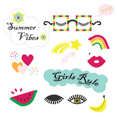 Colorful Summer Vibes funky and fun feminine icons set on white background