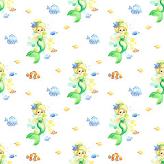 Seamless pattern with beautiful mermaid and exotic fishes. Colorful hand drawn illustrations. Watercolor background.