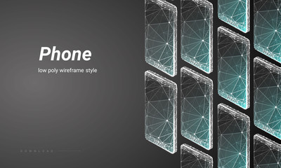 Isometric Smartphone or mobile phone. Polygonal wireframe composition isolated on dark background. Concept of technology. Mock up phone. Particles are connected in a geometric silhouette.