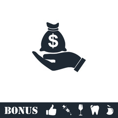 Open Palm Hold Money Bag icon flat