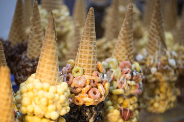 Collection of empty ice cream cone isolated. blank crispy ice cream cone