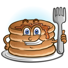 A cheerful pile of pancakes and flapjacks holding a cartoon character holding a fork